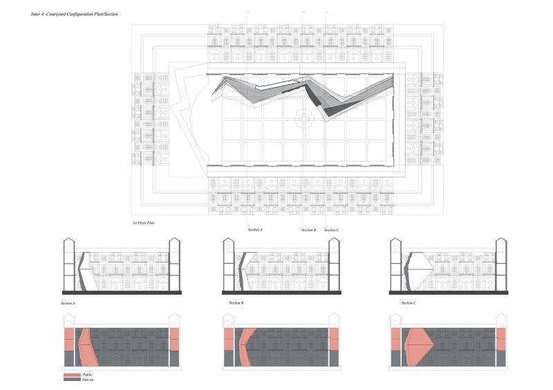 Bramante courtyard, reconfiguration plan/section